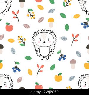 Cute seamless pattern with little hedgehog, apples and berries. Childish background with funny characters. Vector illustration Stock Vector