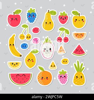 Cute hand drawn kawaii tropical smiling fruit stickers. Healthy lifestyle collection. Set of cartoon characters Stock Vector