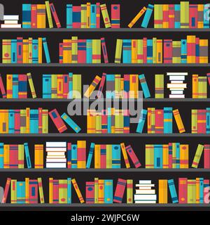 Seamless pattern with books on bookshelves. Flat design. Library, bookstore. Vector illustration Stock Vector