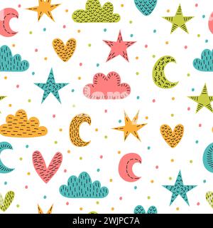 Cute childish seamless pattern with hand drawn design elements. Background in scandinavian style with stars, moon, hearts and clouds. Vector illustrat Stock Vector