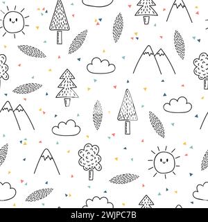 Hand drawn seamless pattern with trees and mountains. Creative ethnic scandinavian woodland background. Abstract geometric art print. Vector illustrat Stock Vector