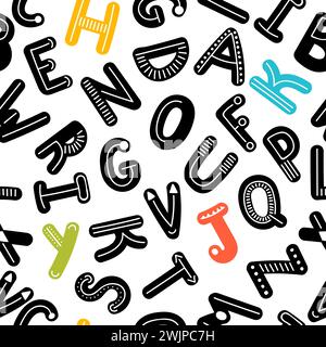 Hand drawn seamless pattern with black and colored letters. Handwritten typographic font. Cute stylish alphabet background. Vector illustration Stock Vector