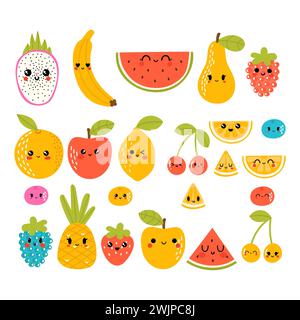Cute hand drawn kawaii tropical smiling fruit. Healthy style collection. Cartoon manga characters. Vector illustration Stock Vector
