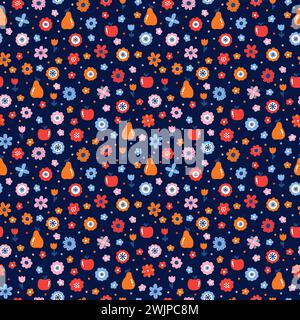 Cute floral seamless pattern with flowers and fruits. Scandinavian style design. Folk background Stock Vector