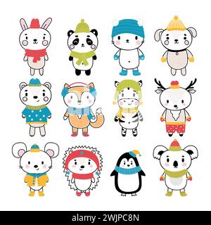 Set of cute hand drawn animals at winter clothes. Funny cartoon characters. Vector illustration Stock Vector