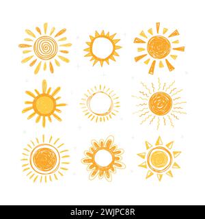 Set of hand drawn sun symbols. Collection of doodle sun icons. Vector illustration Stock Vector
