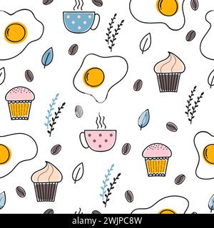 Hand drawn seamless pattern with fried eggs, coffee and cupcakes. Breakfast background. Scrambled eggs. Omelette. Vector illustration Stock Vector