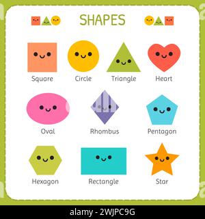 Set of smiling geometric figures. Comic cartoon characters for children education. Basic geometric shapes. Vector illustration Stock Vector