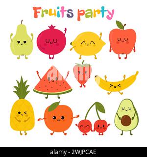 Party with dancing fruits. Cute hand drawn kawaii fruits. Healthy style collection. Flat style. Vegetarian food. Cartoon. Vector illustration Stock Vector