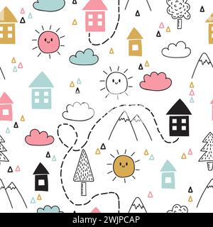 Hand drawn tribal seamless pattern with cartoon houses, trees and mountains. Creative ethnic scandinavian woodland background. Abstract geometric art Stock Vector
