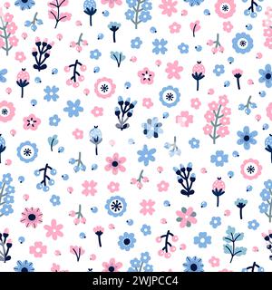 Cute floral seamless pattern with flowers and berries. Scandinavian style design. Colored background Stock Vector