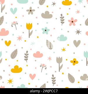 Hand drawn seamless pattern with flowers, stars, hearts and clouds. Creative trendy background. Modern stylish texture. Great for birthday, fabric, te Stock Vector