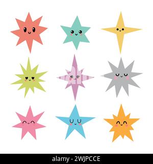 Funny happy stars in kawaii style. Cute cartoon characters for kids. Hand drawn stars with different emotions. Vector illustration Stock Vector