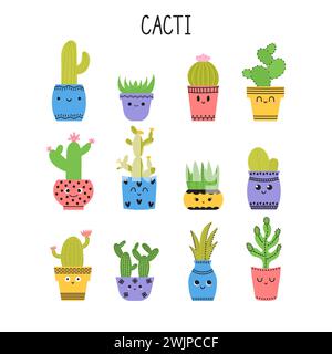 Set of funny cartoon cactus and succulents. Collection with different ...