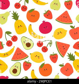 Cute seamless pattern with cartoon fruits. Kawaii. Creative healthy background. Modern stylish texture. Great for fabric, textile, wrapping. Vector il Stock Vector
