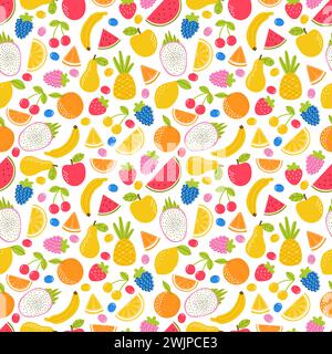 Seamless pattern with hand drawn cartoon fruit. Summer tropical healthy food. Cute background. Vector illustration Stock Vector