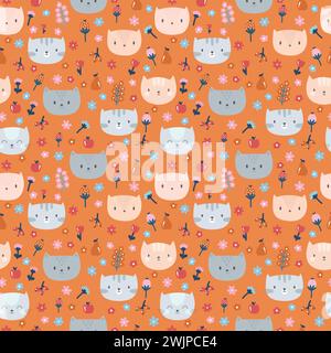 Kids seamless pattern with cute little cats. Funny animals on dark backdrop. Great for fabric and textile. Cute background. Vector illustration Stock Vector
