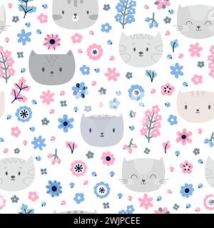 Cute background. Kids seamless pattern with cats. Funny animals on dark backdrop. Great for fabric and textile. Vector illustration Stock Vector