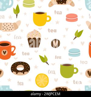Hand drawn tea seamless pattern. Set of tea party symbols, objects and elements. Cute and funny background. Vector illustration Stock Vector
