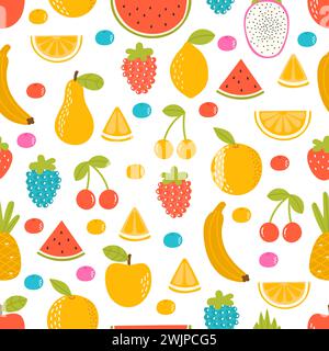 Seamless pattern with cartoon hand drawn fruit. Cute background. Summer tropical healthy food. Vector illustration Stock Vector