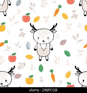 Cute seamless pattern with little deer and fruits. Childish background with funny characters. Vector illustration Stock Vector