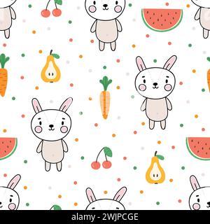 Cute summer seamless pattern with little bunny and fruits. Childish background with funny characters. Vector illustration Stock Vector