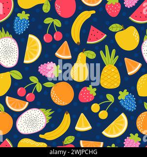 Seamless pattern with hand drawn cartoon fruit. Summer tropical healthy food. Cute childish background. Vector illustration Stock Vector