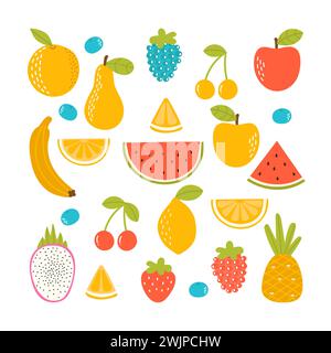 Set of organic tropical fruit. Fresh vegan kitchen. Hand drawn apple, lemon, orange, strawberry, pineapple, watermelon, dragon fruit, cherry and banan Stock Vector