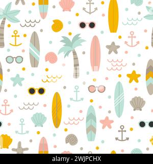 Summer seamless pattern with surfboards, palm trees, anchors, sunglasses and shells. Cute sea, ocean background. Vector illustration Stock Vector