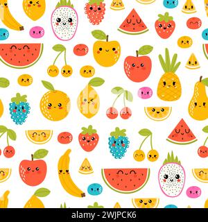 Seamless pattern with funny and happy kawaii fruit. Summer tropical healthy food. Cute cartoon background. Vector illustration Stock Vector