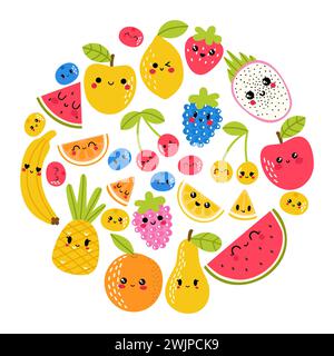 Circle design composition with hand drawn summer fruit. Healthy lifestyle collection. Cute kawaii characters. Summer season. Vector illustration Stock Vector