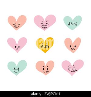 Funny happy hearts. Cute cartoon characters. Set of heart icons. Creative hand drawn hearts with different emotions. Vector illustration Stock Vector