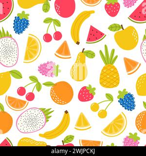 Seamless pattern with cute fruit. Summer tropical healthy food. Texture for textile or wrapping paper. Vector illustration Stock Vector