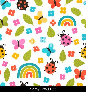 Colorful summer seamless pattern with hand drawn elements. Rainbow, flowers, ladybug. Cute print for fabric, wrapping paper, textile. Vector illustrat Stock Vector
