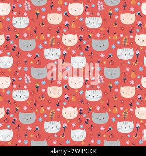 Kids seamless pattern with cute cats. Funny animals on dark backdrop. Cute background. Great for fabric and textile. Vector illustration Stock Vector