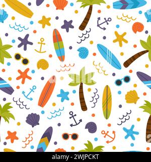 Summer seamless pattern with surfboards, palm trees, anchors ...