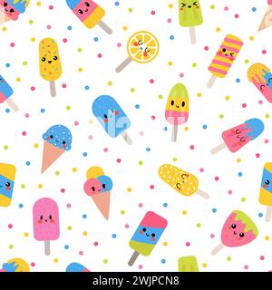 Cute summer seamless pattern with kawaii ice cream. Colorful wrapping paper, fabric. Popsicle. Vector illustration Stock Vector