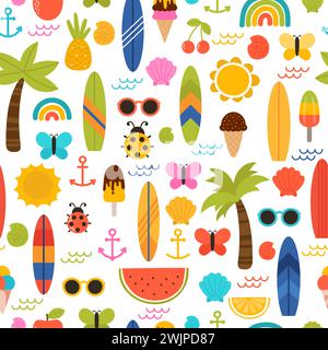 Summer seamless pattern with surfboards, palm trees, anchors, sunglasses and shells. Cute background for textile or fabric. Vector illustration Stock Vector