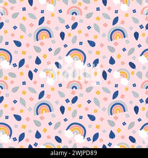Cute summer seamless pattern with hand drawn elements. Leaves, flowers and rainbows. Great for fabric, wrapping paper, textile. Vector illustration Stock Vector