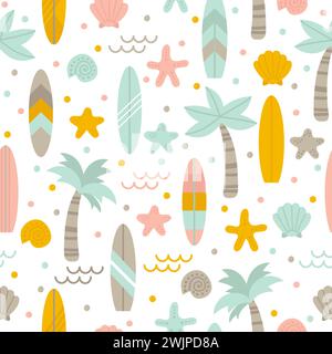 Summer seamless pattern with surfboards, palm trees and shells. Cute sea background. Perfect for fabric, textile and wrapping paper. Vector illustrati Stock Vector