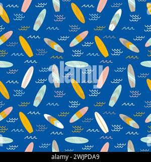 Summer seamless pattern with surfboards. Cute sea, ocean background. Flat style design. Vector illustration Stock Vector