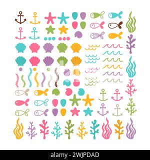 Set with hand drawn sea animals and creatures. Big set on the marine theme. Sea summer life. Underwater seaweeds. Vector illustration Stock Vector