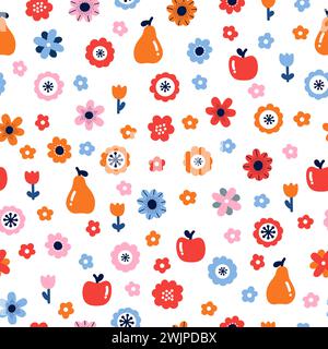 Floral seamless pattern with flowers and fruits. Scandinavian style design. Folk background. Vector illustration Stock Vector