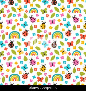 Colorful summer seamless pattern with hand drawn elements. Rainbow, flowers, ladybug. Cute print for fabric, textile, wrapping paper. Vector illustrat Stock Vector