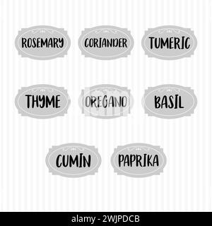 Food storage labels. Kitchen food tags collection for kitchen containers or jars. Basil, paprika, cumin, oregano, thyme. Vector illustration Stock Vector