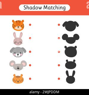 Shadow matching game for kids. Find the correct shadow. Worksheets with animals. Kids activity for preschool and school age. Vector illustration Stock Vector