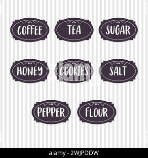 Food storage labels. Kitchen food tags collection for kitchen containers or jars. Sugar, salt, coffee, tea, honey, pepper. Vector illustration Stock Vector