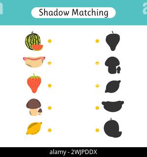 Shadow matching game for kids. Worksheets with food. Find the correct shadow. Kids activity for preschool age. Vector illustration Stock Vector