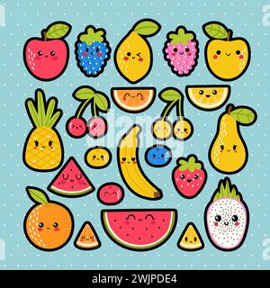 Cute hand drawn kawaii tropical smiling fruit stickers. Healthy summer lifestyle collection. Set of cartoon characters. Vector illustration Stock Vector