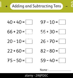 Adding and Subtracting Tens. Math worksheets for kids. School education. Development of logical thinking. Mathematics. Vector illustration Stock Vector